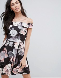 Короткое приталенное платье со спущенными плечами и цветочным принтом Jessica Wright - Мульти