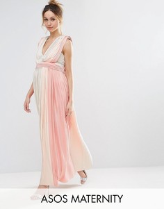 Плиссированное платье макси в полоску с глубоким вырезом ASOS Maternity - Розовый