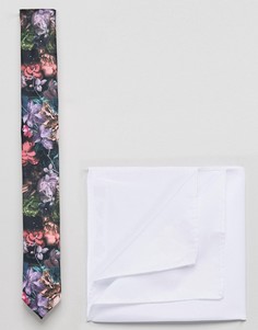 Узкий галстук с цветочным принтом и платок для нагрудного кармана ASOS - Черный