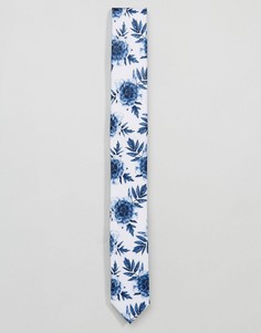 Темно-синий узкий галстук с цветочным принтом ASOS - Белый