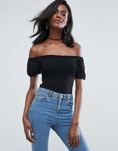 Боди с присборенной вставкой и пышными рукавами ASOS - Черный