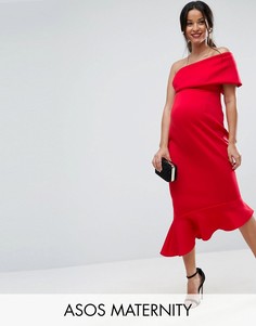 Платье миди на одно плечо с оборкой по нижнему краю ASOS Maternity - Красный