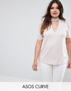 Топ из ткани понте с глубоким вырезом и шифоновыми рукавами ASOS CURVE - Бежевый