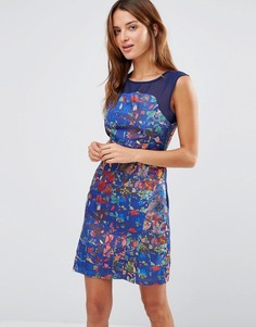 Платье с поясом, сетчатой кокеткой и цветочным принтом Lavand - Синий