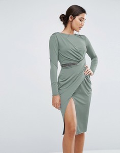 Облегающее платье миди с запахом и длинными рукавами ASOS - Серый