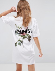 Платье-футболка с цветами и надписью Feminist ASOS - Белый