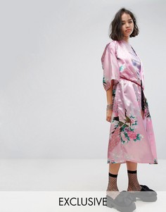 Атласное кимоно с принтом и плетеным поясом Reclaimed Vintage Inspired - Розовый