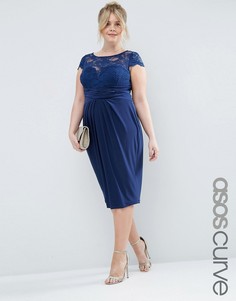 Платье миди со складками и кружевным топом ASOS CURVE WEDDING - Темно-синий