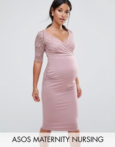 Кружевное облегающее платье миди с запахом ASOS Maternity NURSING - Фиолетовый