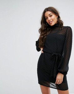 Платье мини с высоким воротом и пышным рукавом на манжете Misha Collection - Черный