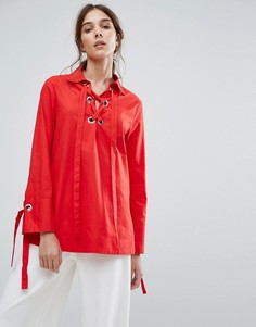 Свободная рубашка с лентами-завязками на манжетах и металлическими люверсами Neon Rose - Красный