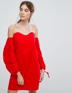 Платье с открытыми плечами и присборенными рукавами Neon Rose - Красный