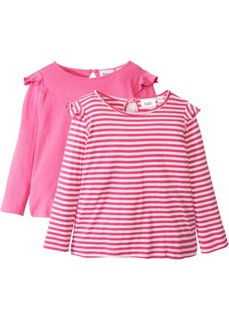 Длинная футболка с рюшами (2 шт.) (ярко-розовый/белый в полоску + ярко-розовый) Bonprix