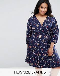 Платье с запахом и цветочным принтом Yumi Plus - Темно-синий