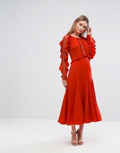 Платье миди с длинными рукавами и оборками Three Floor - Красный