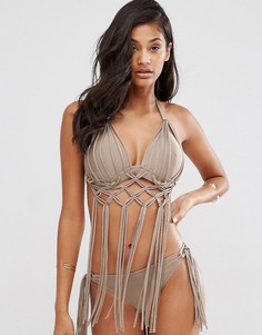 Формованный бикини‑топ с бахромой в стиле макраме ASOS FULLER BUST - DD-G - Коричневый