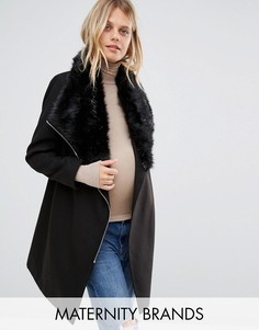 Пальто для беременных с воротником из искусственного меха и поясом New Look Maternity - Черный
