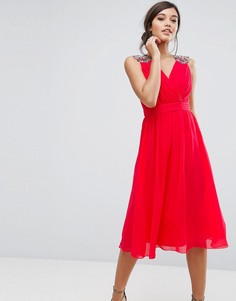 Шифоновое платье миди с отделкой на плечах Little Mistress - Красный