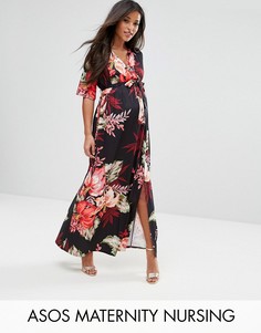 Платье макси с запахом и цветочным принтом ASOS Maternity NURSING - Черный