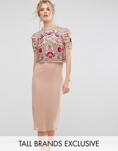 Платье-футляр миди с накладкой и цветочной отделкой Frock And Frill Tall - Розовый