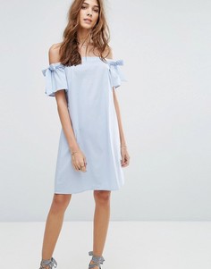 Платье мини со спущенными плечами и завязками на рукавах New Look - Синий
