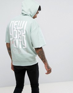 Свободный худи с короткими рукавами и принтом на спине ASOS - Зеленый