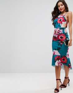 Платье миди с цветочным принтом и баской ASOS - Мульти