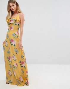 Платье макси с цветочным принтом и рюшами New Look - Желтый