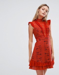 Платье мини с оборками и высоким воротом Three Floor - Красный