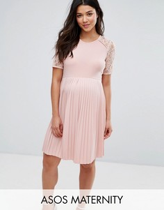 Платье мини для беременных с плиссировкой и кружевом ASOS Maternity - Розовый