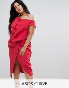 Платье миди с открытыми плечами и бантом ASOS CURVE PREMIUM - Красный