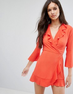 Платье с запахом, оборками и рукавами клеш Outrageous Fortune - Оранжевый