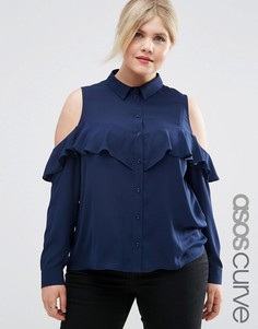 Блузка с вырезами на плечах и рюшами ASOS CURVE - Темно-синий