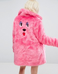 Оверсайз-шуба из искусственного меха с вышивкой в виде медведя Lazy Oaf - Розовый