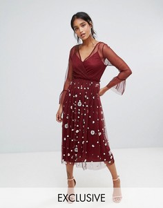 Тюлевое платье с оборками на рукавах и отделкой Lace & Beads - Красный
