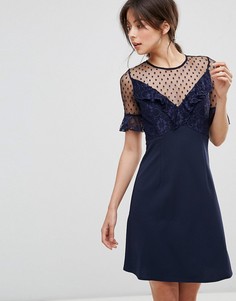 Платье мини с кружевом и расклешенными рукавами Elise Ryan - Темно-синий