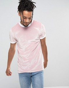 Розовая обтягивающая велюровая футболка с контрастным кантом ASOS - Розовый