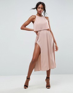Платье миди с укороченным топом и разрезом ASOS - Розовый