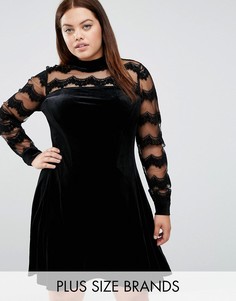 Короткое приталенное бархатное платье с сетчатой вставкой Junarose - Черный