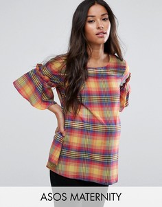 Футболка в клетку с оборками ASOS Maternity - Мульти