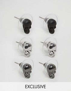 3 пары сережек-гвоздиков с черепами DesignB London эксклюзивно для ASOS - Серебряный