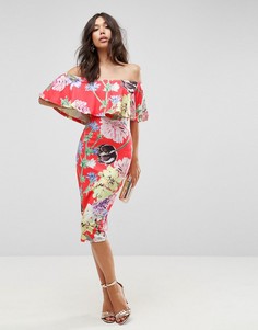 Платье миди с открытыми плечами и цветочным принтом ASOS - Мульти