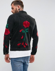 Выбеленная черная джинсовая куртка с вышитыми розами Liquor & Poker - Черный