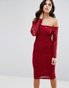 Кружевное платье миди с длинными рукавами и открытыми плечами AX Paris - Красный
