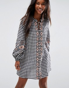 Платье в клетку с длинными рукавами и вышивкой ASOS PREMIUM - Мульти