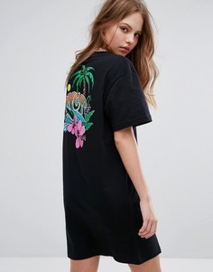 Свободное платье-футболка с пальмовым принтом RVCA - Черный