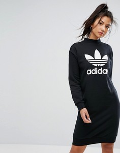 Черное платье с круглым вырезом и логотипом-трилистником adidas Originals - Черный