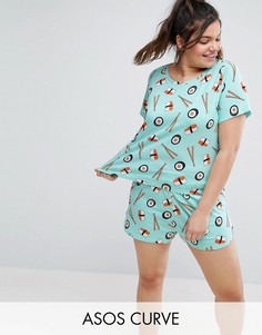 Пижамный комплект с принтом суши ASOS CURVE - Мульти