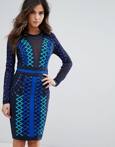 Бандажное платье со шнуровкой и сетчатыми вставками WOW Couture - Синий