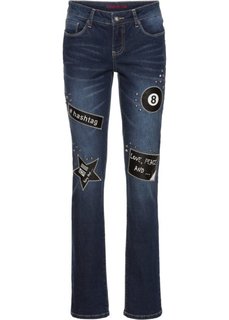 Узкие джинсы с нашивками и заклепками (темный деним) Bonprix